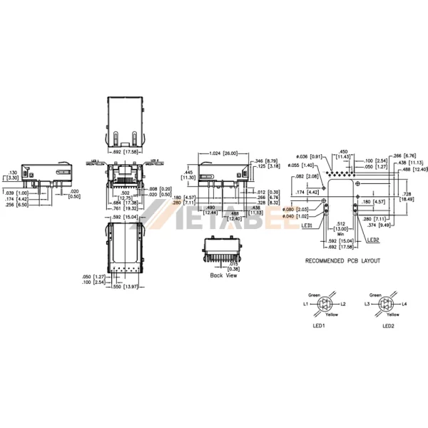 Single Port 1G Base-T RJ45 Integrated Magnetics Jack, STP, Tab-Up, THT, R/A, Green/Yellow-Green/Yellow