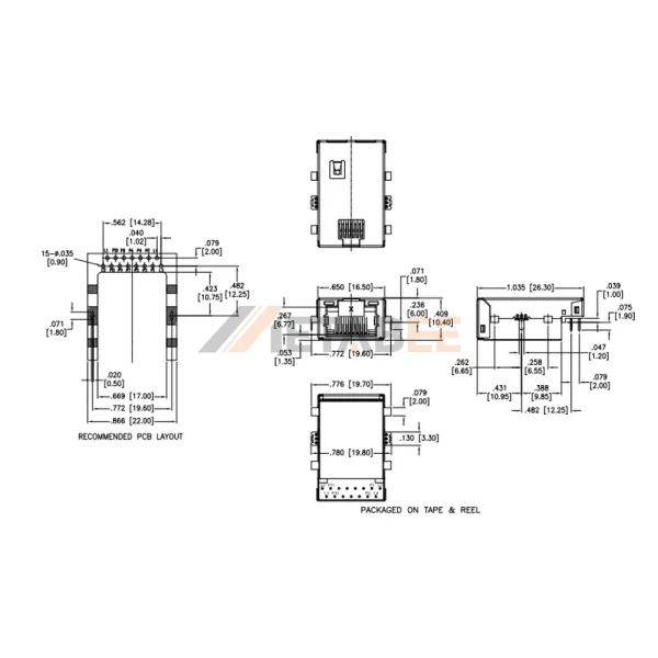 1×1 Port RJ45 with Magnetic Transformer Jack, 10/100 Base-T, STP, Tab-Up, THT, R/A, Green/Yellow