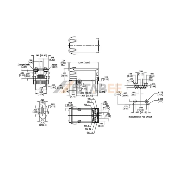 Network RJ45 Magnetics Jack Port With 1Gbps Ethernet Transformer, STP, Tab-Up, THT, R/A, Orange/Green-Yellow