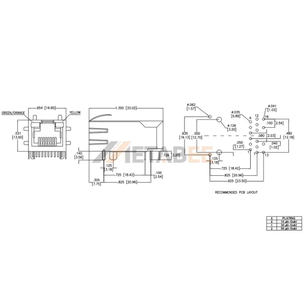 PoE RJ45 Jack​ with Integrated Magnetics, 10/100 Base-T, Shielded, Tab-Up, THT, R/A