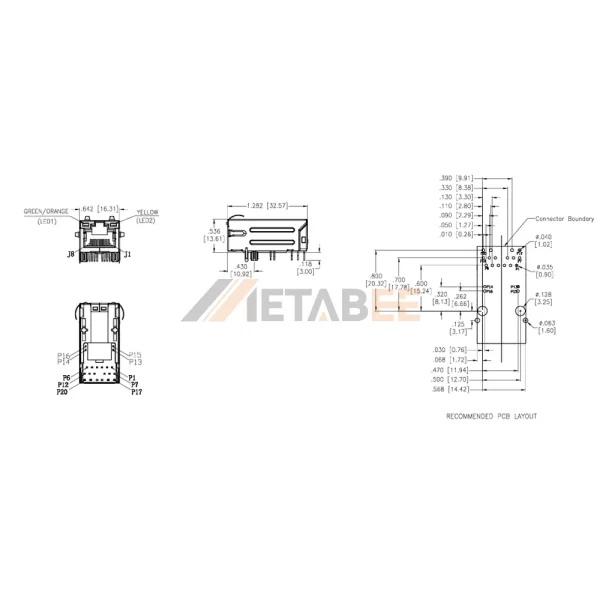 1000 Base-T PoE Magnetic Jack RJ45 Connector With LEDs, Shielded, Tab-Up, THT, R/A, Green/Orange-Yellow