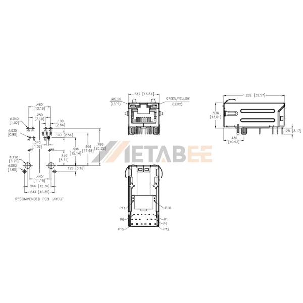 RJ45 Jacks Integrated Magnetics PoE with LEDs, 10/100 Base-T, Shielded, Tab-Up, THT, R/A