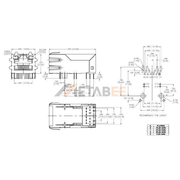 Shielded RJ45 PoE Magjack with LEDs, 10 Base-T, Shielded, Tab-Up, THT, R/A. Green/Yellow