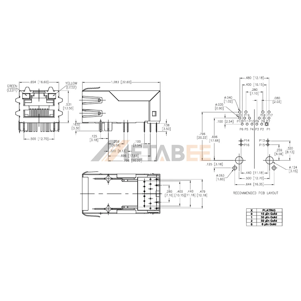 Shielded RJ45 PoE Magjack with LEDs, 10 Base-T, Shielded, Tab-Up, THT, R/A. Green/Yellow