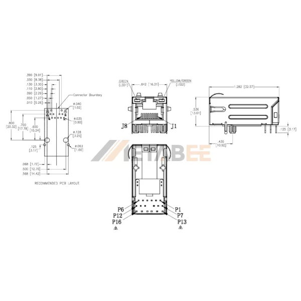 PoE RJ45 Jack with Magnetics, 1 Port, 10/100 Base-T, Shielded, Tab-Up, THT, R/A. Green-Yellow/Green