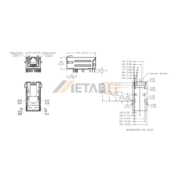 RJ45 with POE Magnetics Jack Gigabit Ethernet Connector with LEDs, 1000 Base-T, STP, Tab-Up, THT, R/A