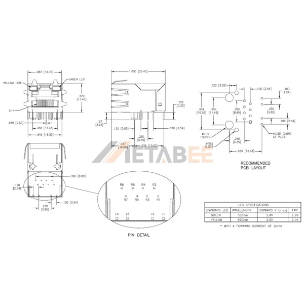 Shielded Magnetic Ethernet RJ45 Jack with LEDs, 10/100 Base-T, STP, Tab-Up, THT, R/A, Yellow/Green