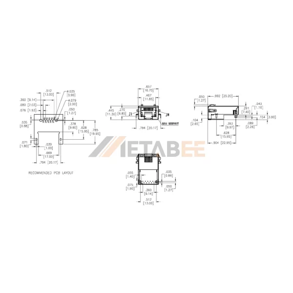 PoE Magnetics RJ45 Jack without LEDs, 1 Port, 10/100 Base-T, Shielded, THT, R/A