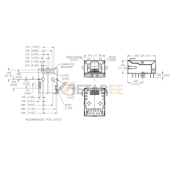 1 Port RJ45 PoE Jack with Magnetics and LEDs, 10/100 Base-T, Shielded, Tab-Up, THT, R/A