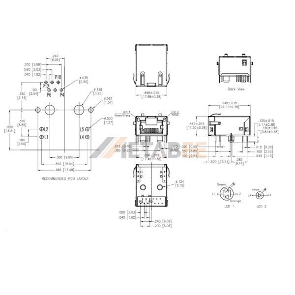 Ethernet Jack RJ45 Connector with Integrated Magnetics, 10/100 Base-T, Shielded, Tab-Up, THT, R/A