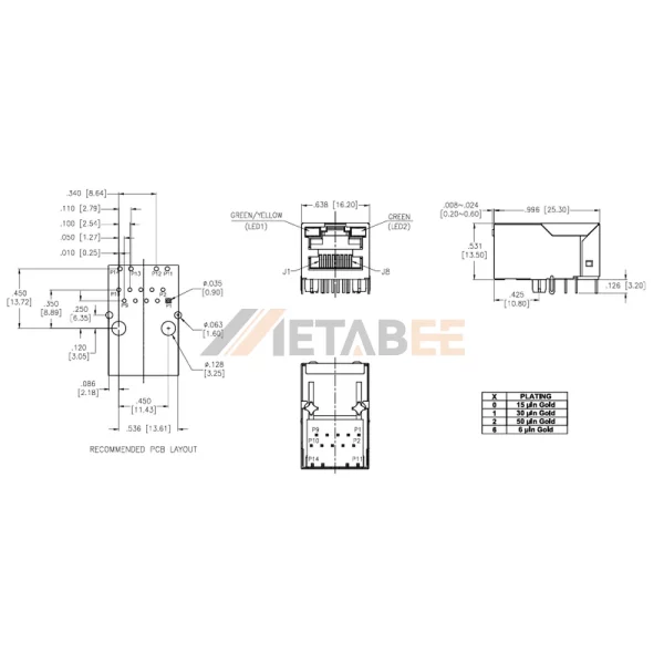 Transformer RJ45 Ethernet Connector, 1G Base-T, STP, Tab-Up, THT, R/A, Green/Yellow-Green