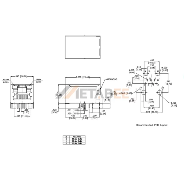 Magnetic Ethernet Connector RJ45 Jack, 10/100 Base-T, Shielded, Tab-Up, THT, R/A, Green/Yellow