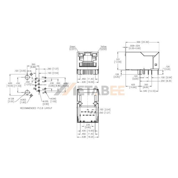 1 Port Integrated Magnetics RJ45​ Modular Jack, 10/100 Base-T, Shielded, Tab-Up, THT, R/A, Green/Yellow