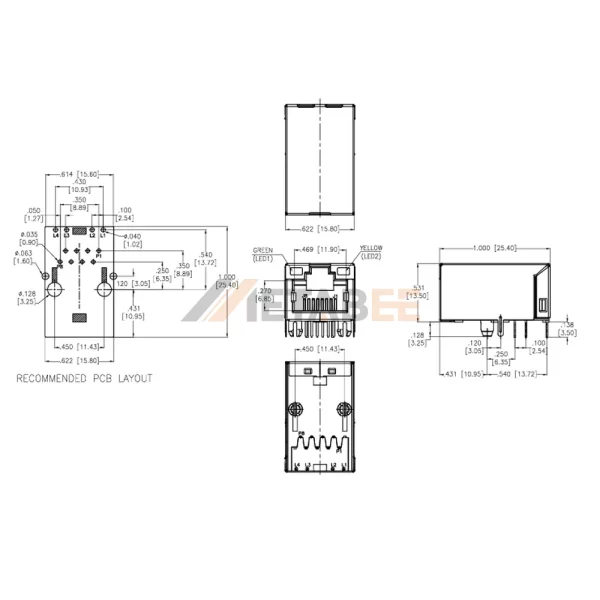 RJ45 Jack with Magnetics Ethernet Connector, 10/100 Base-T, Shielded, Tab-Up, THT, R/A, Green/Yellow