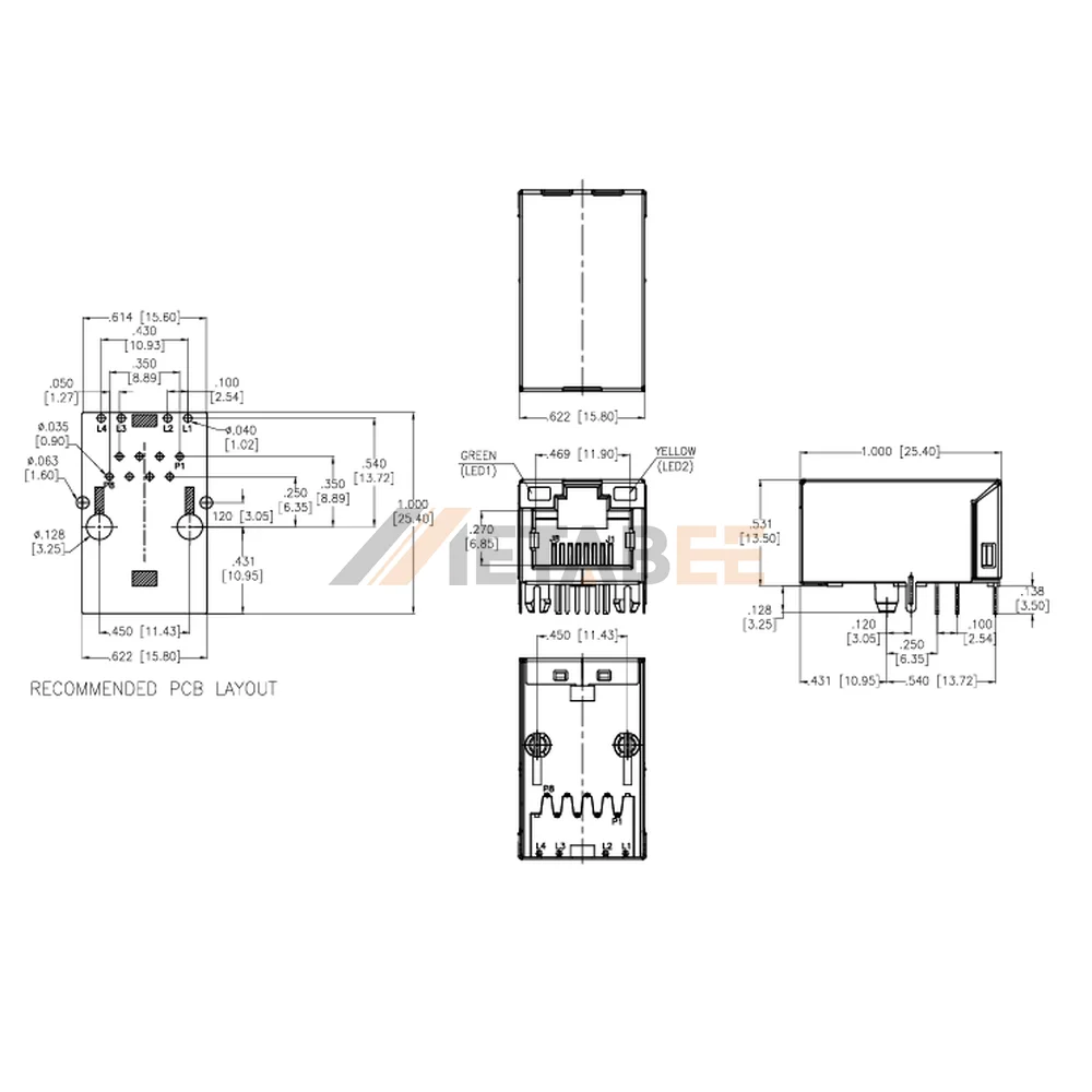 RJ45 Jack with Magnetics Ethernet Connector, 10/100 Base-T, Shielded, Tab-Up, THT, R/A, Green/Yellow