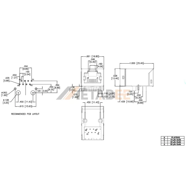 Ethernet RJ45 Jack Connector Magnetics without LEDs, 10/100 Base-T, Shielded, Tab-Up, THT, R/A