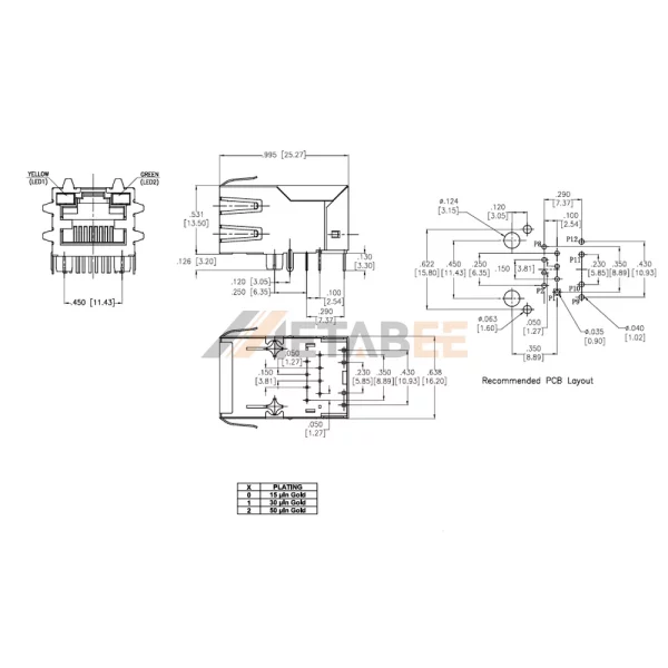 1 Port Ethernet RJ45 with Magnetics Jack, 10/100 Base-T, Shielded, Tab-Up, THT, Yellow/Green