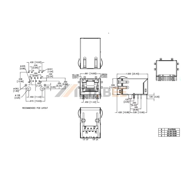 RJ45 Connector with Magnetics and LED, 1 Port, 10/100 Base-T, Tab-Up, THT, Yellow/Green