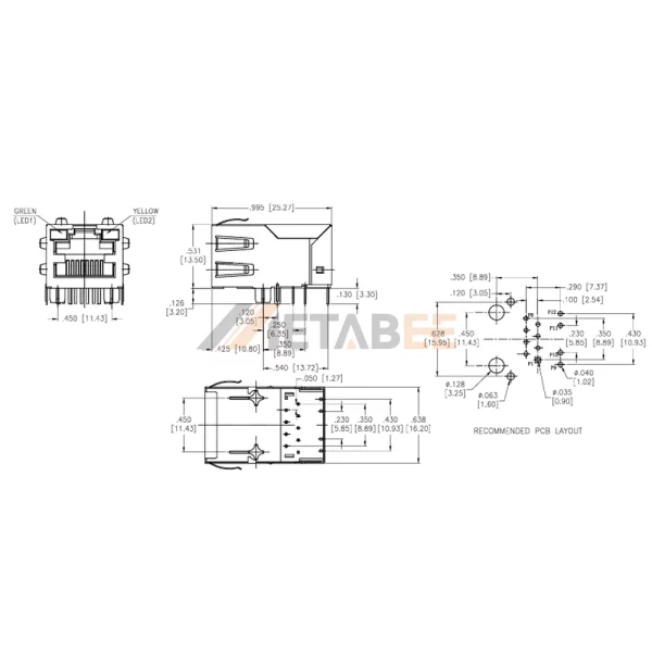 RJ45 PoE Integrated Magnetics Jack, 1 Port, 10/100 Base-T, Tab-Up, THT, Green/Yellow LEDs