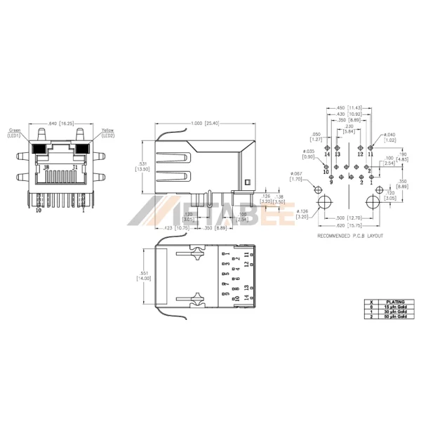 8P8C RJ45 Jack with Magnetics PoE, 1 Port, 100 Base-T, PoE, Tab-Up, THT, Green/Yellow LEDs