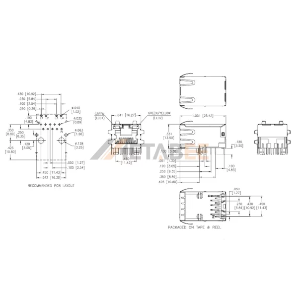 Gigabit Ethernet Jack Connector Integrated Magnetics with LEDs, 1G Base-T, STP, Tab-Up, THT, R/A