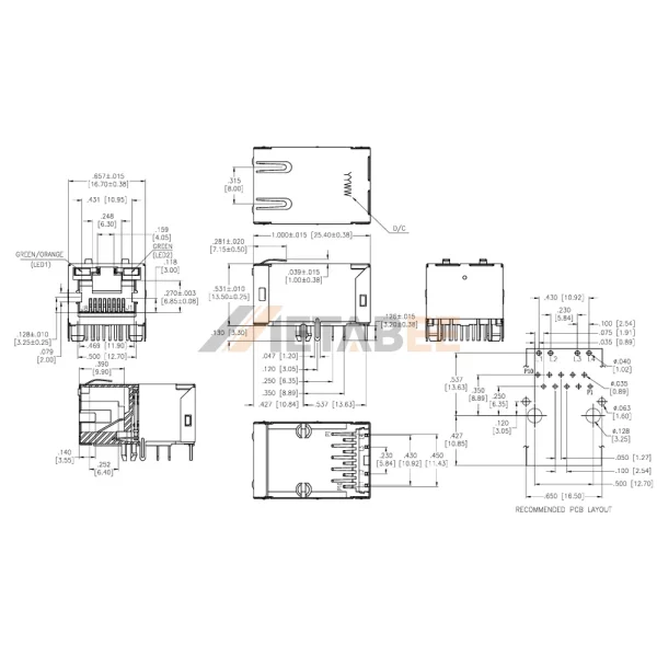RJ45 Ethernet Jack Connector with Magnetics, 10/100 Base-T, Shielded, Tab-Up, THT, Green/Green