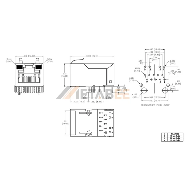 Integrated Magnetics PoE RJ45 Modular Jack, 10/100 Base-T, Shielded, Tab-Up, THT, Green/Yellow