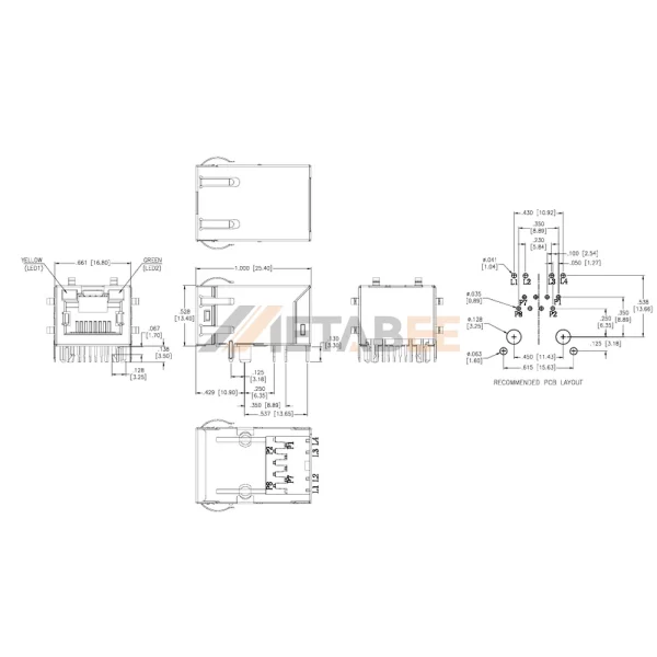 Metal Shield RJ45 Connector with Magnetics, 1 Port, 10/100 Base-T, Tab-Up, THT, R/A, Yellow/Green
