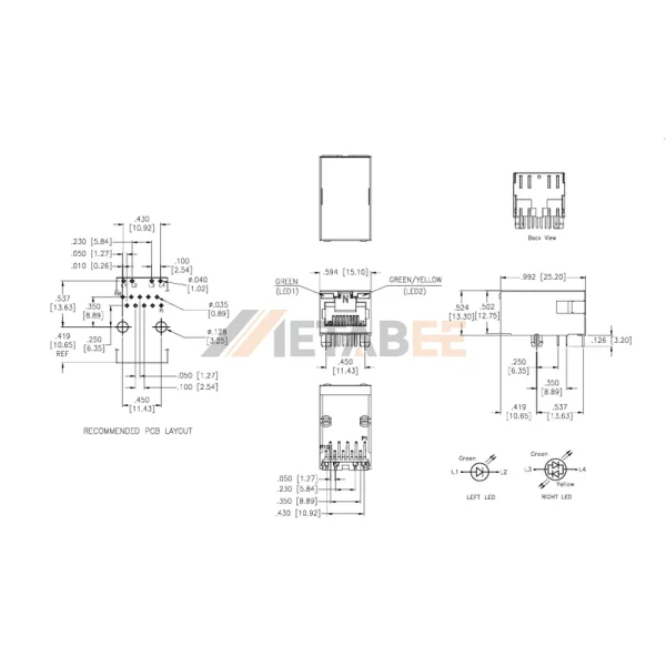 UTP RJ45 Jack with Magnetics and LEDs, 1G Base-T, Tab-Up, THT, R/A, Green-Green/Yellow