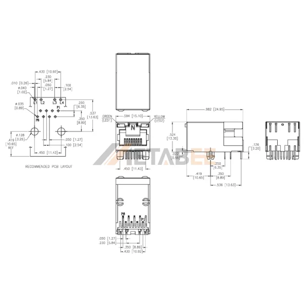 Single Port RJ45 Connector with Integrated Magnetics, 100 Base-T, UTP, Tab-Up, THT, R/A, Green/Yellow