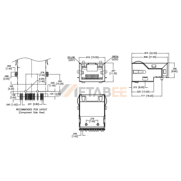 Shielded RJ45 Ethernet Magjack, 1 Port, 10/100 Base-T, Surface Mount, R/A, Green/Yellow LEDs