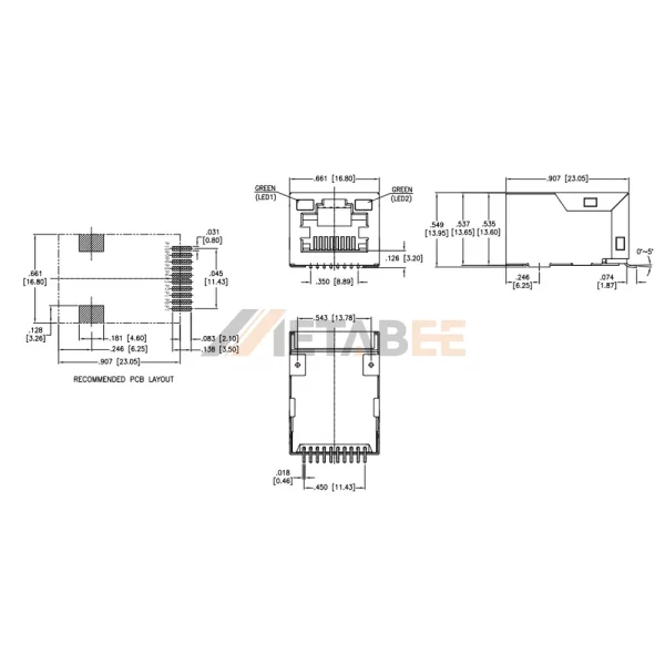1×1 Port RJ45 PoE Magjack​ Ethernet Port, 10/100 Base-T, SMT, Shielded, Tab-Up, R/A, Green/Green