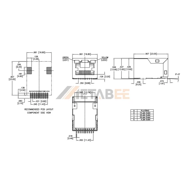 100 Base-T Magnetic RJ45 Jack with LEDs, Surface Mount, STP, Tab-Up, R/A, Green/Yellow