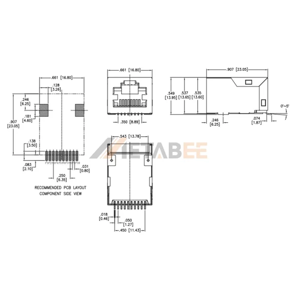 Surface Mount Magjack RJ45 with PoE, 10/100 Base-T, Shielded, Tab-Up, R/A, No LED