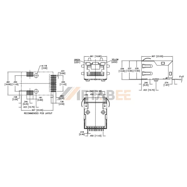RJ45 Modular Jack With PoE Jack, 10/100 Base-T, Surface Mount, STP, Tab-Up, R/A, Green/Yellow