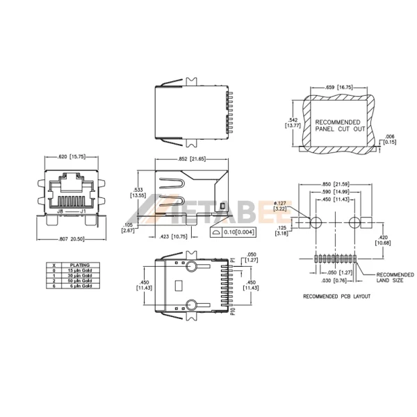 1000 Base-T RJ45 Magnetic Jack​, 1 Port, Surface Mount, Shielded, Tab-Up, R/A, No LED