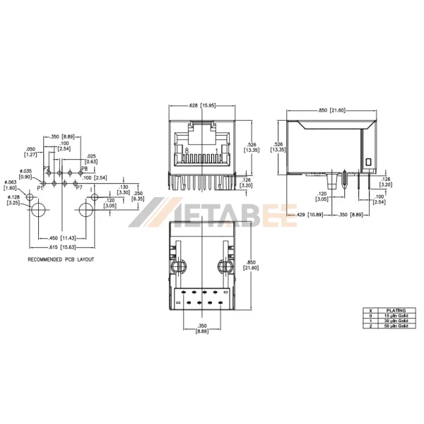 RJ45 Integrated Magnetics Modular Jack, 10/100 Base-T, Shielded, Tab-Up, THT, R/A, No LED