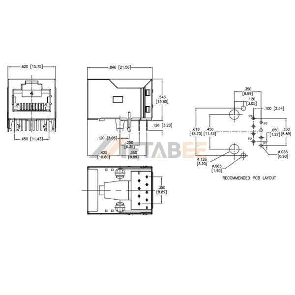 Magnetics Transformer on RJ45 Connector without LEDs, 1 Port, 100 Base-T, Shielded, Tab-Up, THT