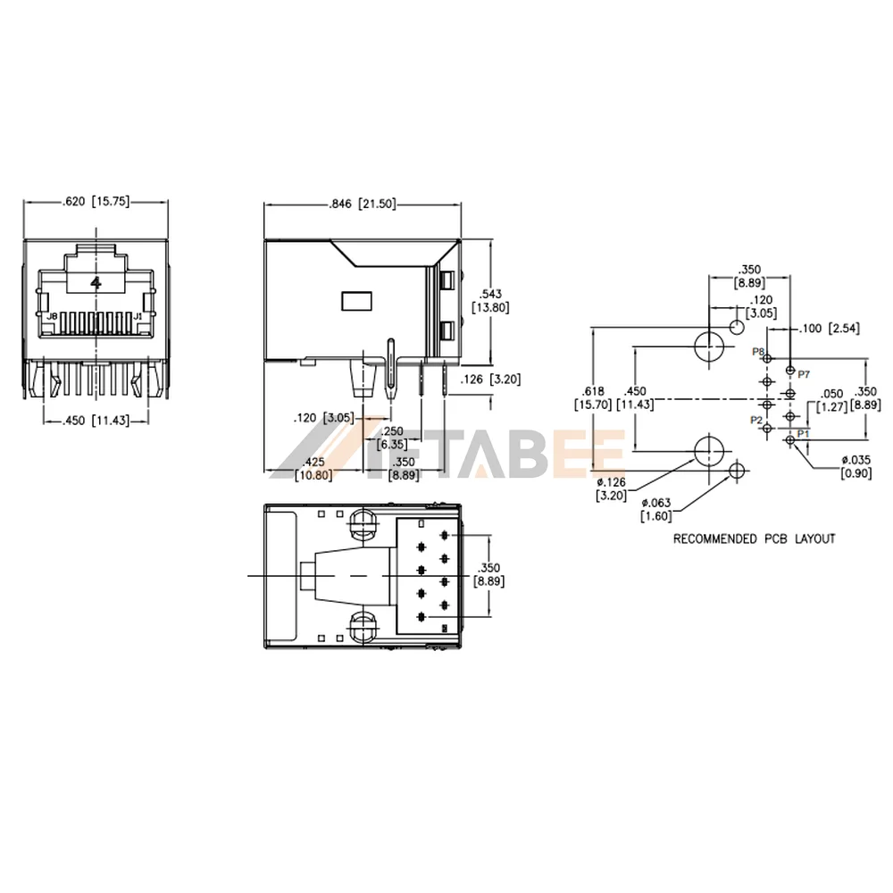 Magnetics Transformer on RJ45 Connector without LEDs, 1 Port, 100 Base-T, Shielded, Tab-Up, THT