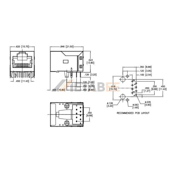 Magjack RJ45 Connector Ethernet Jack without LEDs, 1 Port, 10/100 Base-T, PoE, Shielded, Tab-Up, THT