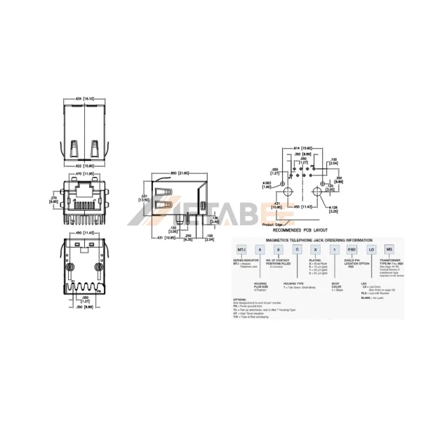 Low Profile RJ45 with Magnetics Jack, 1 Port, 100 Base-T, Shielded, Tab-Up, THT, R/A, No LED