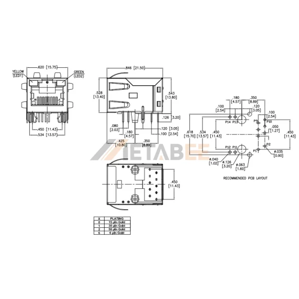 Network PoE RJ45 Magnetics Jack Port With 10/100M Ethernet Transformer, Shielded, Tab-Up, THT, R/A