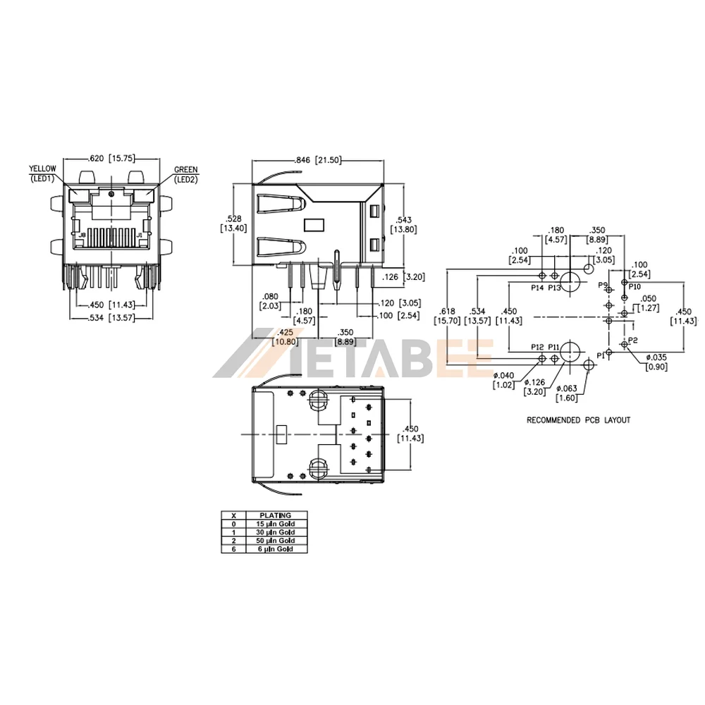 Network PoE RJ45 Magnetics Jack Port With 10/100M Ethernet Transformer, Shielded, Tab-Up, THT, R/A