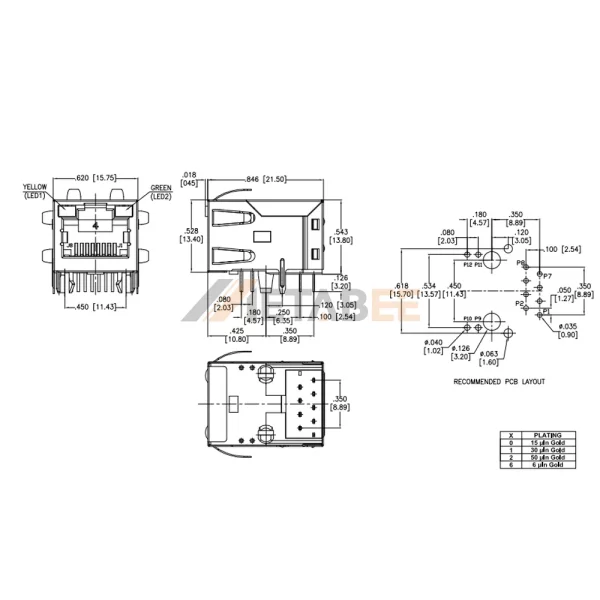 Single Port 100Mb Integrated Magnetics Network Jack Rj45 PoE Connector, Shielded, Tab-Up, THT, R/A