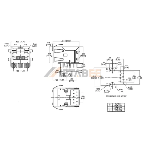 Magjack RJ45 with Integrated Magnetics and LEDs, Shielded, Tab-Up, THT, R/A, Yellow/Green