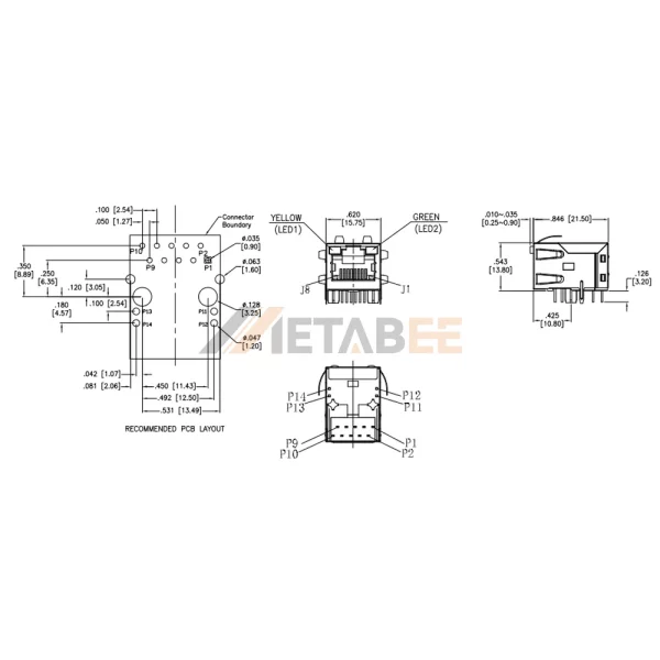 1000 Base-T Magnetic RJ45 Jack with LEDs, Unshielded, Tab-Up, THT, R/A, Green/Yellow