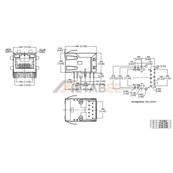 Modular Jack PoE RJ45 with Integrated Magnetics, Shielded, Tab-Up, THT, R/A, Green/Yellow