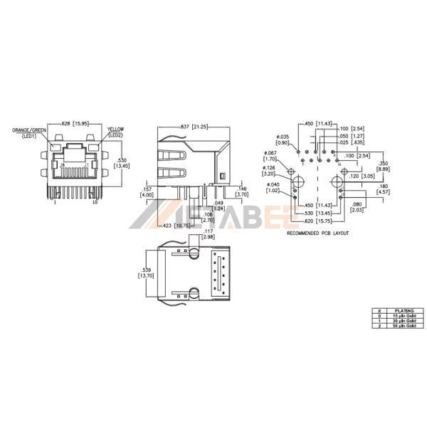 1 Port Shielded Magnetic RJ45 jack, 1000 Base-T, Shielded, Tab-Up, THT, R/A, Orange/Green - Yellow