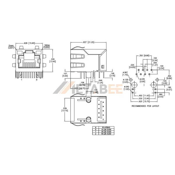 Integrated 10/100Base T Ethernet Lan RJ45 Jack Connector, Shielded, Tab-Up, THT, R/A, Green/Yellow