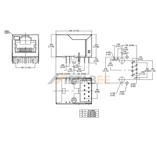 RJ45 Modular Jack Magnetic Shielding, 1 Port, 100 Base-T, Shielded, Tab-Up, THT, R/A, Green/Blank